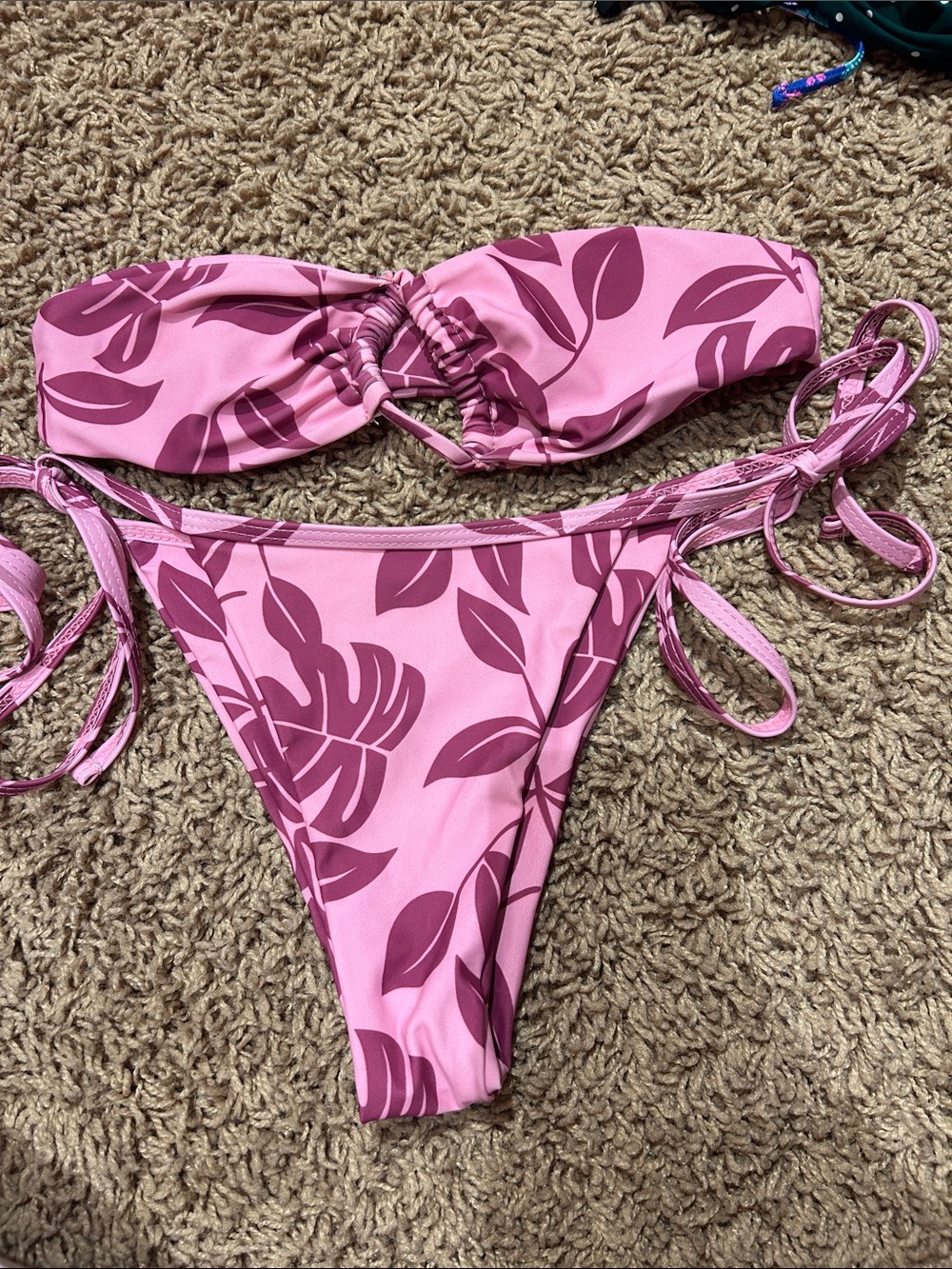 Pink Leaf Print String Bikini Set